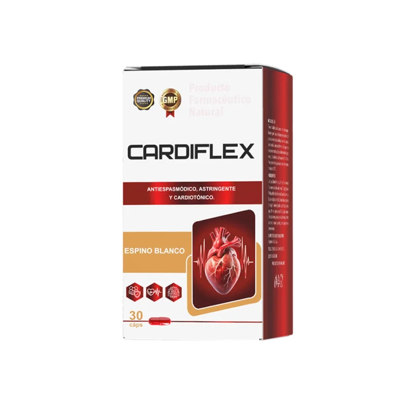 Cardiflex — caja y frasco del producto natural de espino blanco, 30 cápsulas